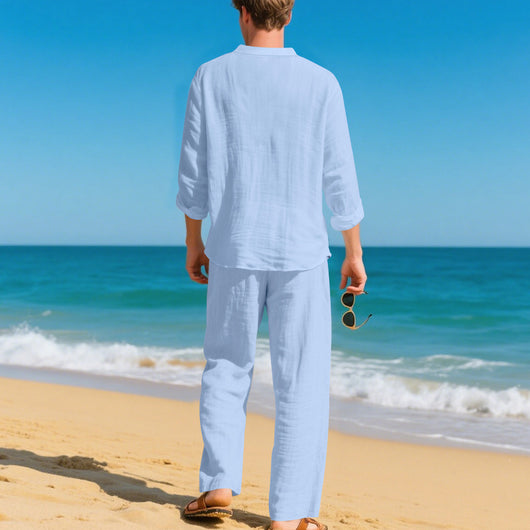 Conjunto de Pantalón y Camiseta Henley Suelta Transpirable para Hombre - Ropa de Playa Casual - Image 38