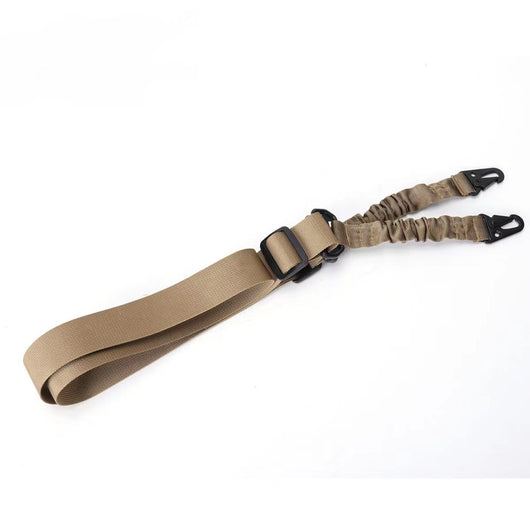 Black crossbody nylon strap with elastic sections, adjustable buckles, and two metal hooks for tension adjustment. - Image 13