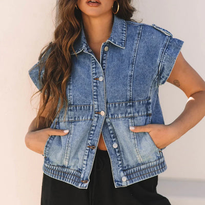 Chaleco Denim Mujer Cuello Solapa Manga Corta - Estilo Casual Japonés