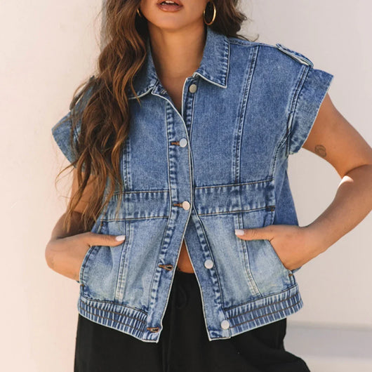 Chaleco Denim Mujer Cuello Solapa Manga Corta - Estilo Casual Japonés