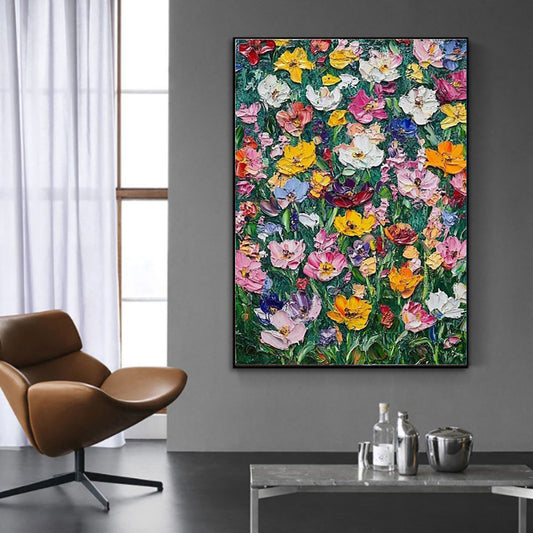 Cuadro al Óleo Floral Vibrante sin Marco Pintado a Mano