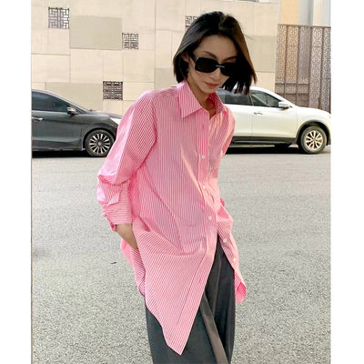 Camisa Suelta de Algodón a Rayas con Manga Larga para Mujer - Image 8