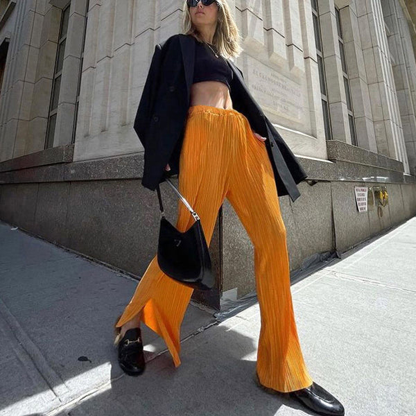 Pantalón Ancho Cintura Alta con Aberturas Laterales en Tono Naranja Amarillento