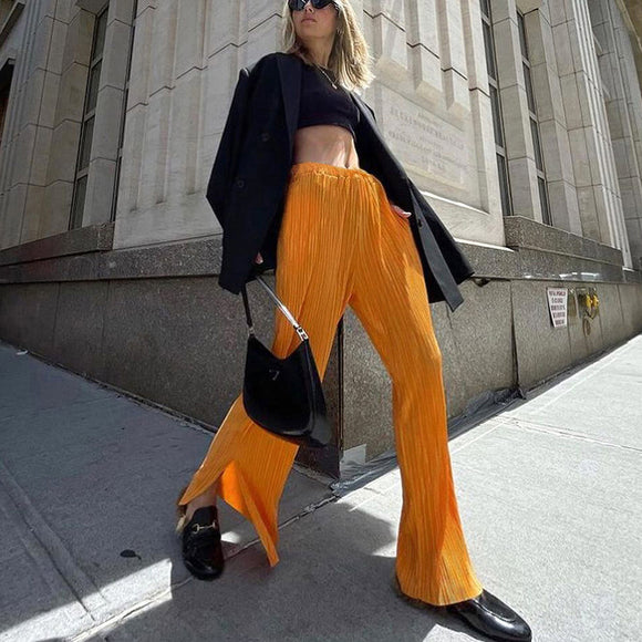 Pantalón Ancho Cintura Alta con Aberturas Laterales en Tono Naranja Amarillento