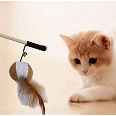 Wooden cat wand toy with a brown string, a small silver bell, a cream fabric mouse, and light brown feathers. - Image 15