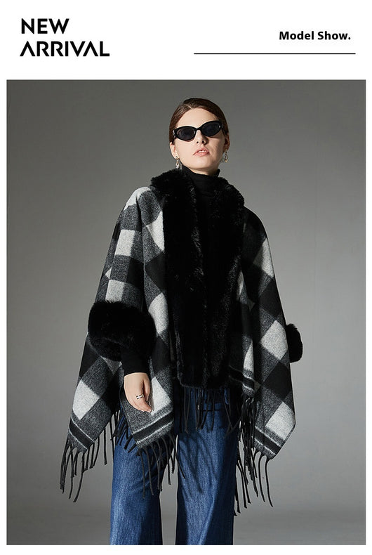 Chal Cuadros Blanco y Negro con Cuello de Piel - Estilo Europeo Otoño Invierno - Image 8