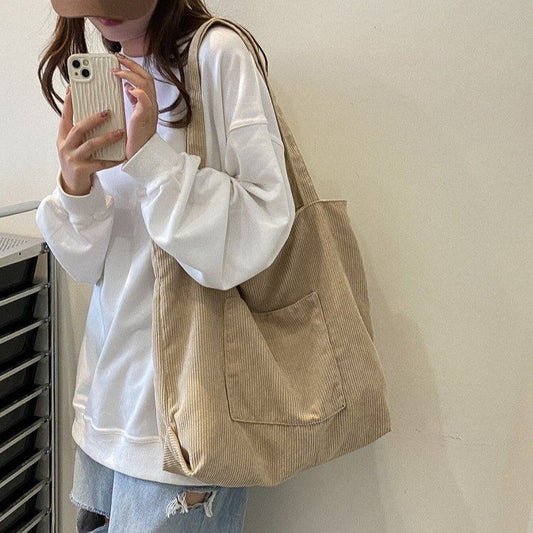 Bolso de Hombro Corduroy Capacidad Grande - Estilo Literario y Versátil