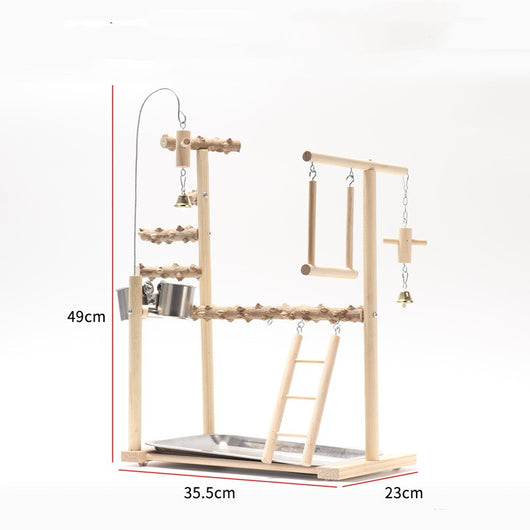 Wooden bird playground stand with multiple perches, ladder, two stainless steel bowls, and two hanging bells. - Image 7