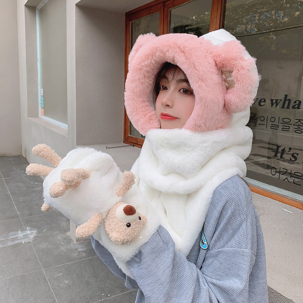 Conjunto de Abrigo Térmico para Dama: Bufanda, Gorro y Guantes de Pelaje de Conejo