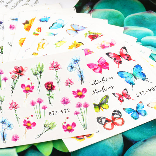 Pegatinas de Agua para Uñas con Diseños de Mariposas, Frutas y Flores Doradas