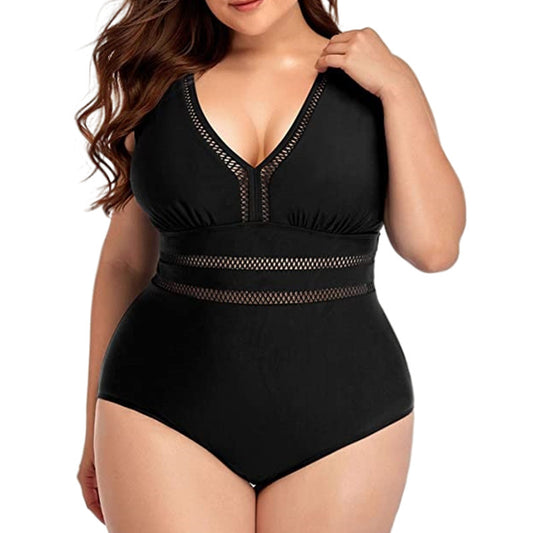 Women's plus size black one-piece swimsuit with a V-neckline and mesh fabric stitching details at the bust and waist.