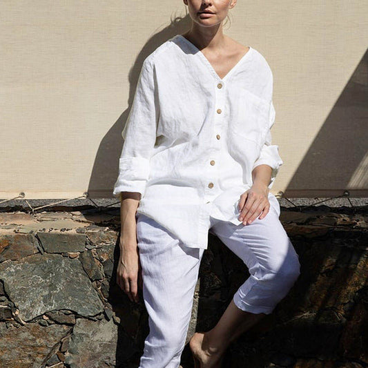 Blusa Casual de Lino y Algodón Cuello en V Manga Larga Colores Sólidos