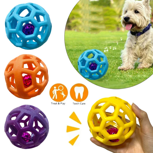 Orange TPR hollow lattice dog chew ball with a shiny pink bell ball inside for interactive pet play.