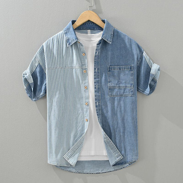 Camisa de Mezclilla Manga Corta con Contraste de Colores y Diseño Patchwork