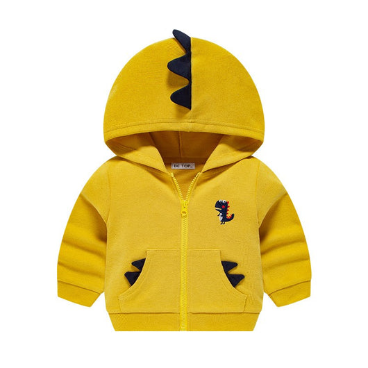 Olive green full-zip hoodie for kids with orange dinosaur spikes on the hood and pockets, and a dinosaur embroidery. - Image 6