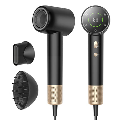 Black and gold high-power hair dryer with digital display, concentrator, and diffuser nozzles. - Image 5