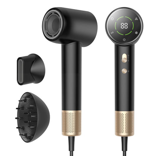 Black and gold high-power hair dryer with digital display, concentrator, and diffuser nozzles. - Image 5