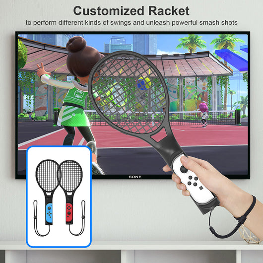 Two black tennis racket controllers for Nintendo Switch, one with a blue Joy-Con and one with a red Joy-Con, both with wrist straps. - Image 12
