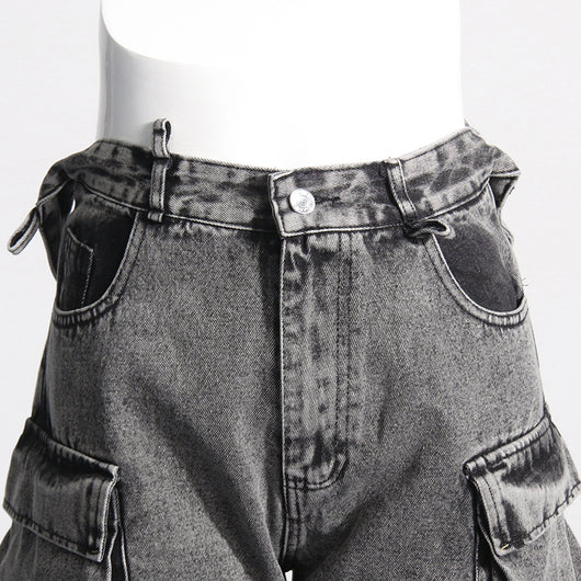 Pantalón Cargo Denim con Diseño de Cinta Decorativa y Bolsillos Múltiples - Image 21