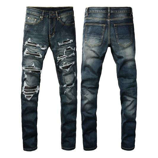 Jeans Azules Rotos con Parches de Cuero - Estilo Urbano de Alta Moda