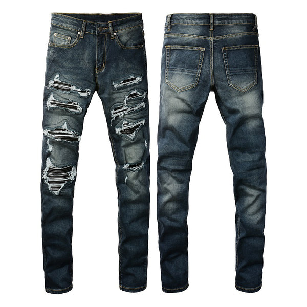 Jeans Azules Rotos con Parches de Cuero - Estilo Urbano de Alta Moda