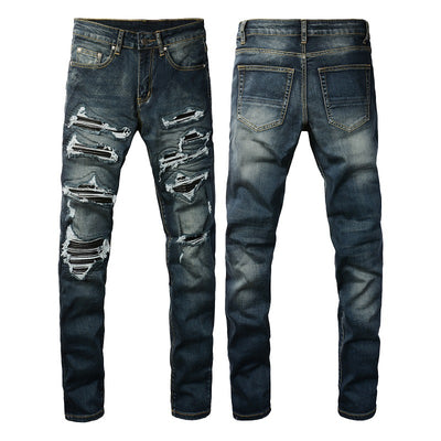 Jeans Azules Rotos con Parches de Cuero - Estilo Urbano de Alta Moda