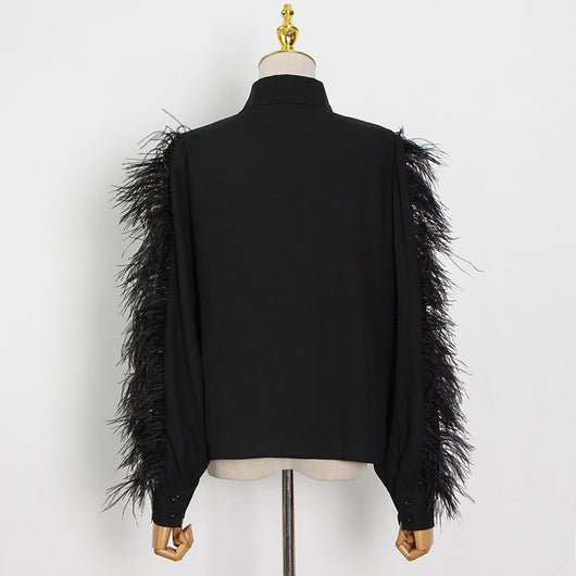 Camisa de Manga Larga con Panel de Plumas de Avestruz - Image 13