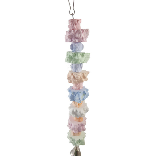 Colorful pepper stone molar string toy for birds, featuring pastel blocks and a metal bell at the bottom. - Image 5