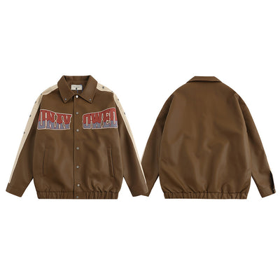 Chaqueta Universitaria Retro PU Bordada Suelta para Hombre - Image 4