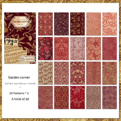 Set of 60 sheets of retro artistic decorative paper with 20 unique floral and botanical patterns in red, maroon, and gold. - Image 3