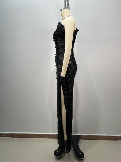 Vestido Negro con Lentejuelas y Hombro Descubierto - Diseño Elegante con Abertura - Image 9