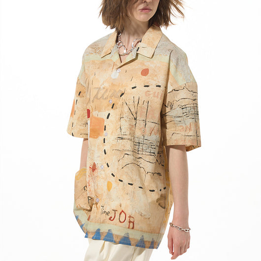 Camisa Suelta Estilo Street Graffiti Pine Manga Corta