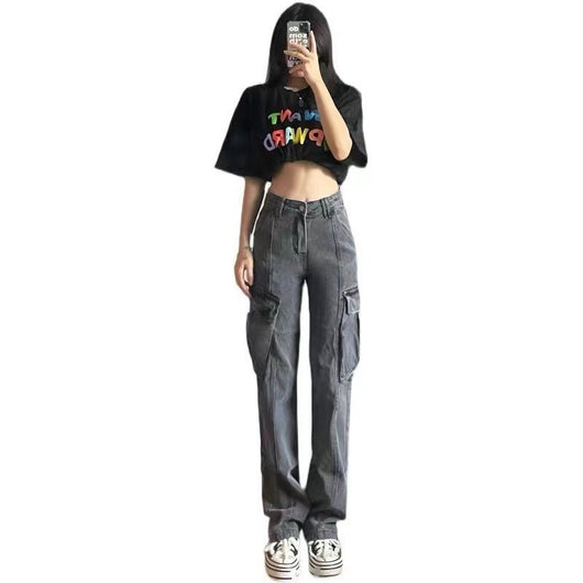Jeans de Trabajo Gris Vintage con Bolsillos Funcionales para Mujer - Image 3