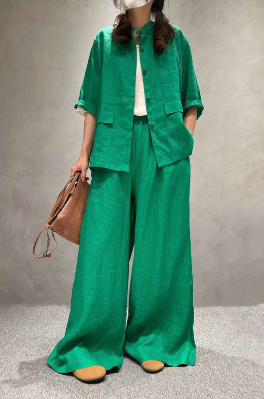 Conjunto de Lino Casual: Camisa Manga Corta y Pantalón de Color Liso - Image 11