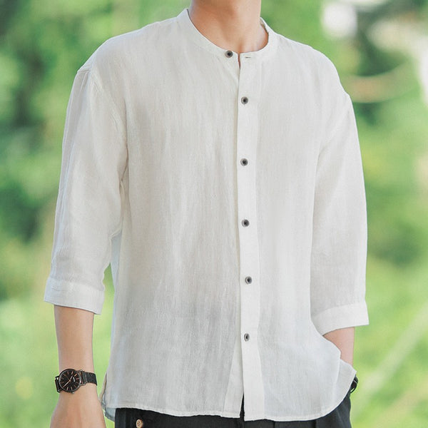 Camisa Vintage con Cuello Mao Bordada para Hombre