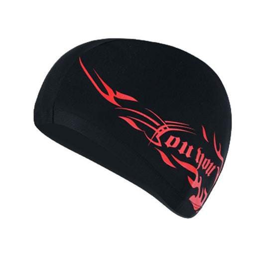 Black cloth swimming cap with a blue tribal-style graphic design on the side. - Image 8