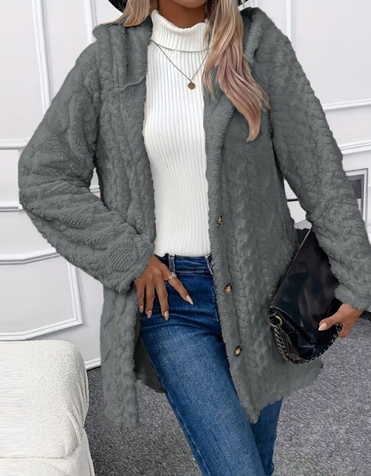 Abrigo Cardigan con Capucha y Botones - Chaqueta Larga de Invierno Color Sólido - Image 24