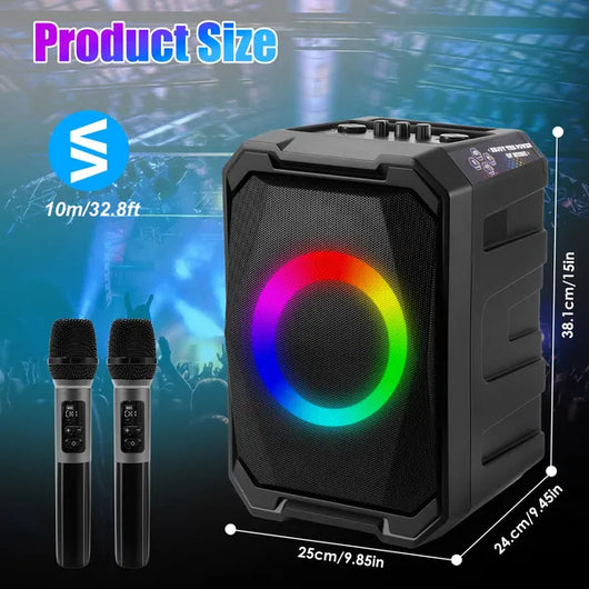 Parlante Portátil Inalámbrico para Fiestas con Luces LED, 2 Micrófonos y Control Remoto - Image 15