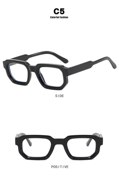Black square-frame sunglasses with thick, angular frames and dark blue lenses, shown on a white background. - Image 27