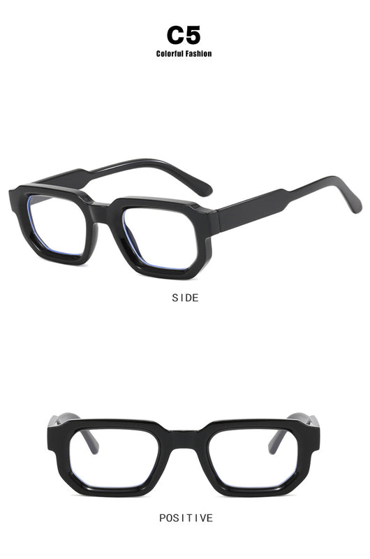 Black square-frame sunglasses with thick, angular frames and dark blue lenses, shown on a white background. - Image 27