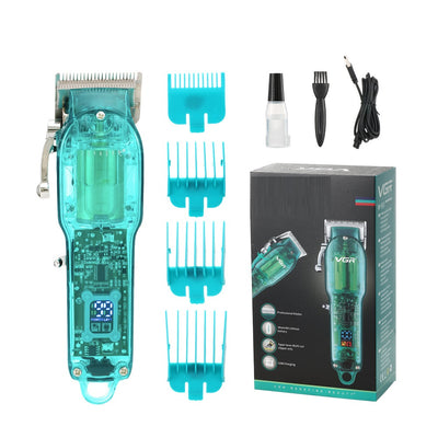 Transparent teal rechargeable hair clipper with digital display, four guide combs, cleaning brush, oil, and charging cable. - Image 10