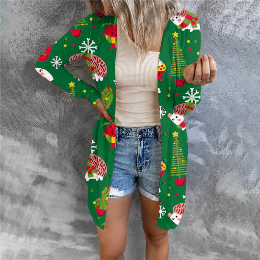Cardigan Largo con Estampado Navideño y Botones