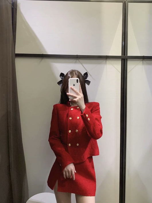 Blazer Corto de Lana Texturizada Doble Botonadura con Falda Plisada - Image 3