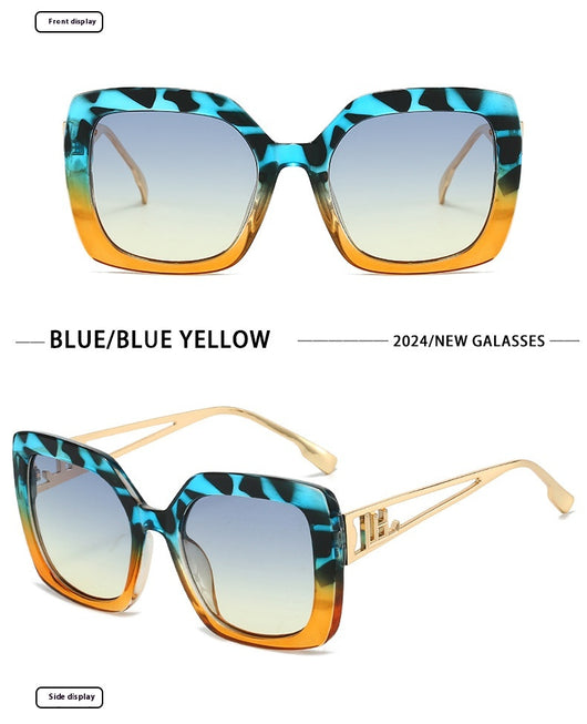 Women's square fashion sunglasses with red and green gradient tortoise shell frames and gradient purple-to-yellow lenses. - Image 20