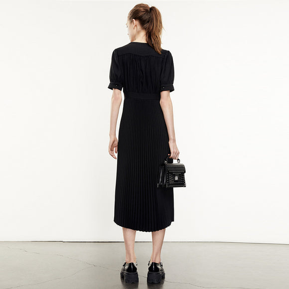 Vestido Largo Negro Elegante con Escote V y Cintura Alta