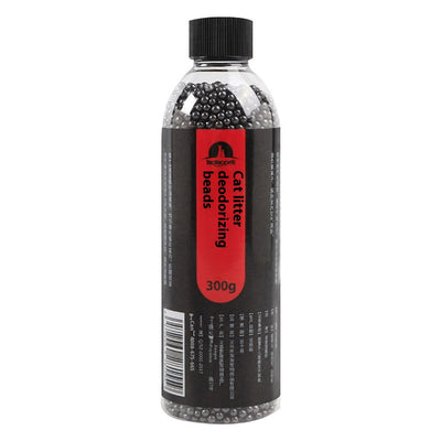 Clear plastic bottle of black cat litter deodorizing beads with a black and red label, 300g. - Image 2