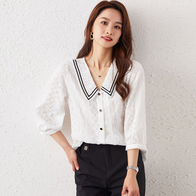 Blusa Ejecutiva de Encaje Tres Cuartos Blanco Talla S