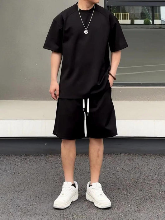 Khaki men's short-sleeved t-shirt and matching shorts set, featuring a loose fit and white drawstring. - Image 7