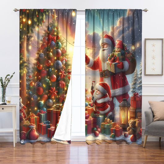 Christmas curtain with a snowy village scene, Santa Claus, flying reindeer, and piles of wrapped gifts. - Image 25