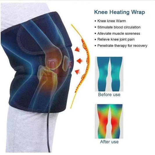 Black electric heating kneecap cover with hot compress massage, shown on a leg with a hand pressing the power button, indicating heat. - Image 2